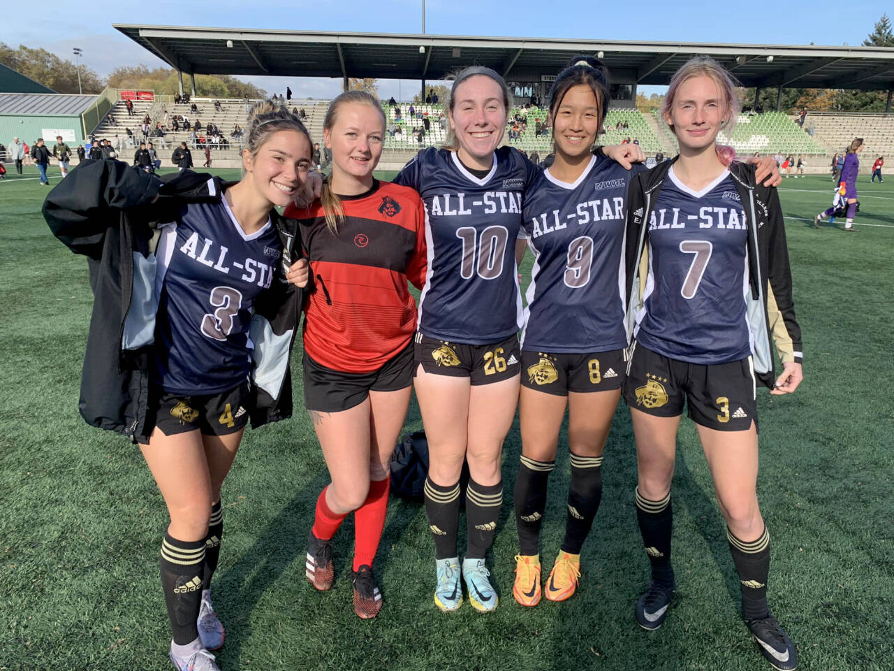 Peninsula College The Peninsula College women’s North all-stars competed Sunday at the Starfire Soccer Complex in Tukwila. From left, Rylee Sims, Frida Markstrom, Kenzie Banner, Chiaki Takase and Millie Long.