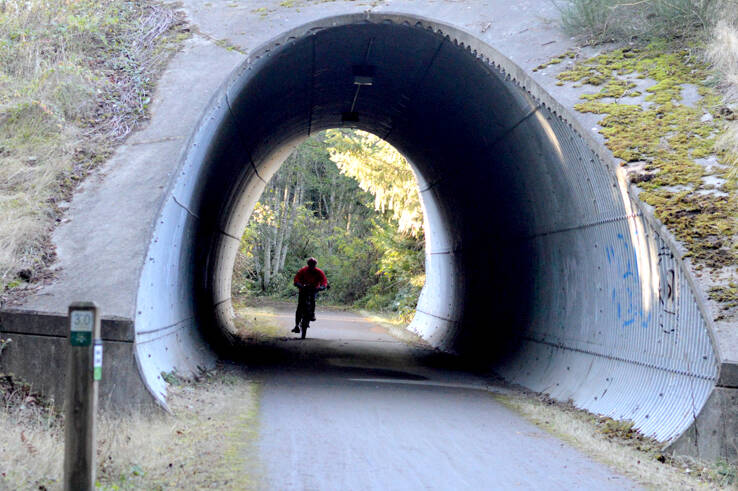 A cyclist enters the tunnel under Discovery Road at the 3-mile marker on the Larry Scott Memorial Trail south of Port Townsend. The now-cleared segment is part of the Olympic Discovery Trail across East Jefferson and Clallam counties, where a number of trees had blocked passage after the Nov. 4 storm. (Diane Urbani de la Paz/For Peninsula Daily News)