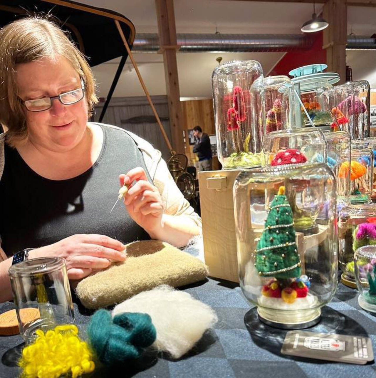 Jennifer Harris, demonstrating needle felting, is one of several artists participating in the Fiber Arts Festival “Interlaced Lore — Adventure, Fellowship, & Perseverance” exhibition’s final day at Sequim Museum & Arts on Saturday. (Submitted photo)