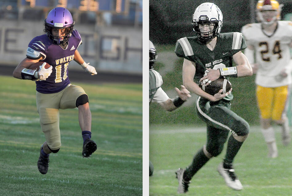 Sequim's Aiden Gockerell, left, and Port Angeles' Blake Sohlberg, right were among four Olympic Peninsula players named to the Olympic League first teams offense and defense. Sequim's Ayden Holland and Port Angeles' Jason Hawes were also named. (Photos by Michael Dashiell and Keith Thorpe, Olympic Peninsula News Group and Peninsula Daily News)