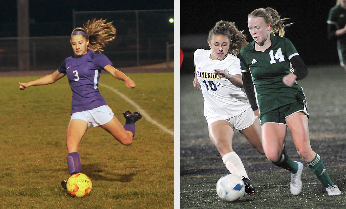 Left, Sequim’s Taryn Johnson made first-team all Olympic League in girls soccer. She already holds the all-time Sequim High School scoring record even though she is just a junior. Right, Port Angeles midfielder Anna Petty (14), made the all-Olympic League first team in girls soccer for the second straight year. (Photos by Michael Dashiell/Olympic Peninsula News Group and Keith Thorpe/Peninsula Daily News)