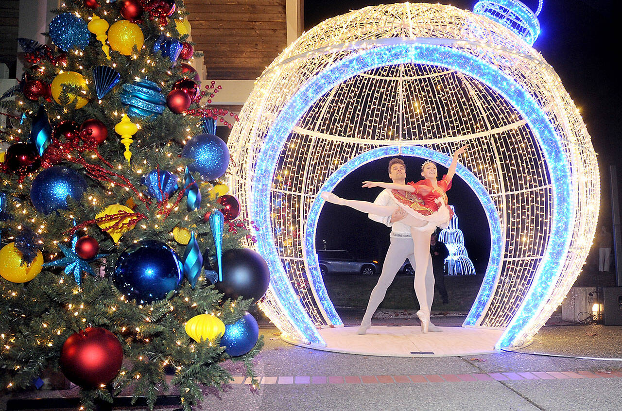 Noah Long and Amelia Brown, members of The Ballet Workshop, perform a dance from “The Nutcracker” during Wednesday night’s opening ceremony for the Festival of Trees at Vern Burton Community Center in Port Angeles. The ceremony also featured short works by Ghostlight Productions and the Port Angeles Symphony. (Keith Thorpe/Peninsula Daily News)