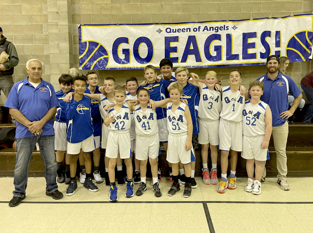 Courtesy photo
The Queen of Angels boys basketball season has gotten off to a 2-1 start this season with wins over Stevens Middle School and Clallam Bay.