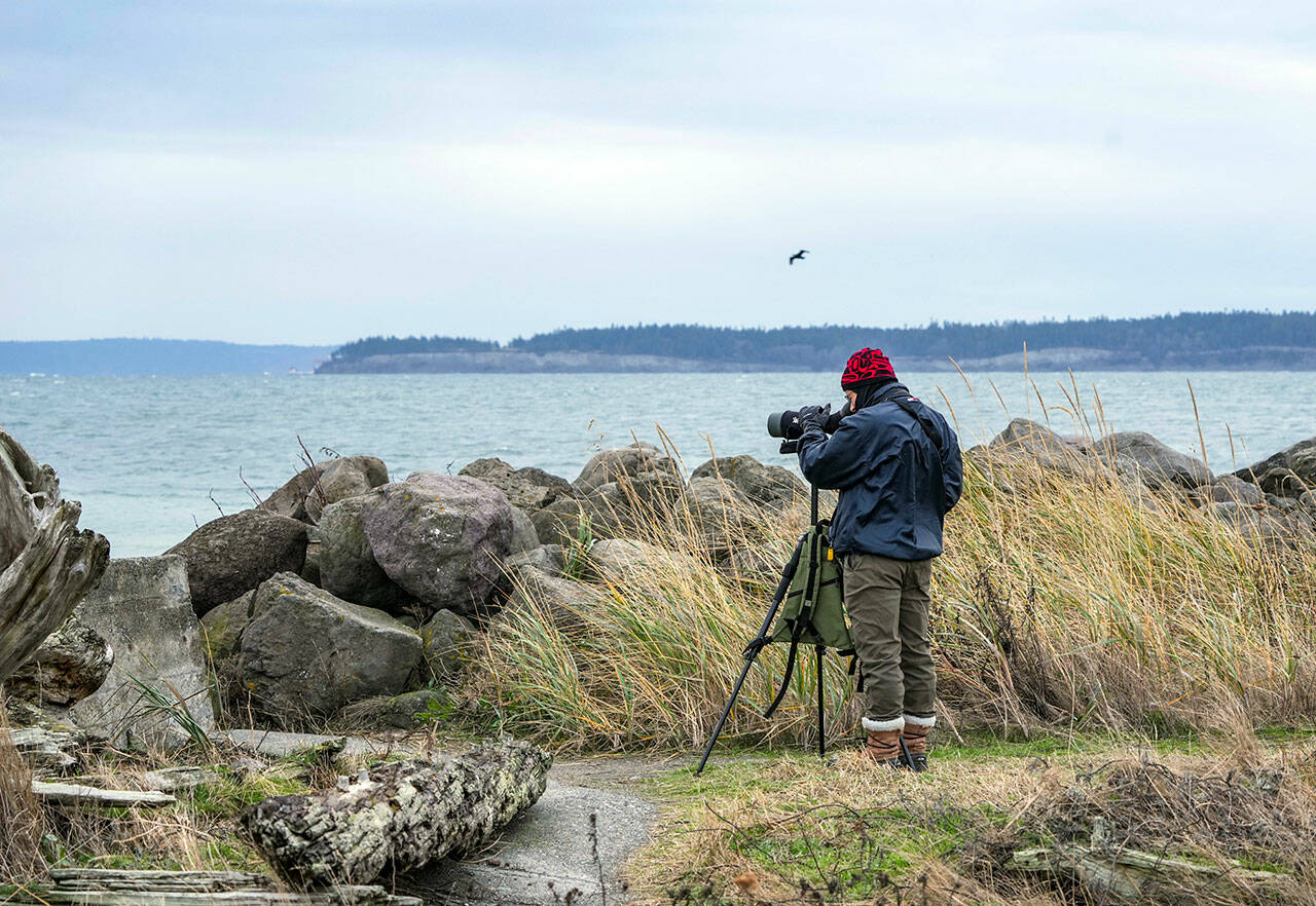 Steve Hampton of Port Townsend searches for birds in the Salish Sea at Point Wilson Lighthouse on Wednesday. “I just got here and the wind and choppy water don’t make for ideal conditions, but so far I’ve seen rhinoceros auklets and a Pacific loon,” Hampton said. (Steve Mullensky/for Peninsula Daily News)