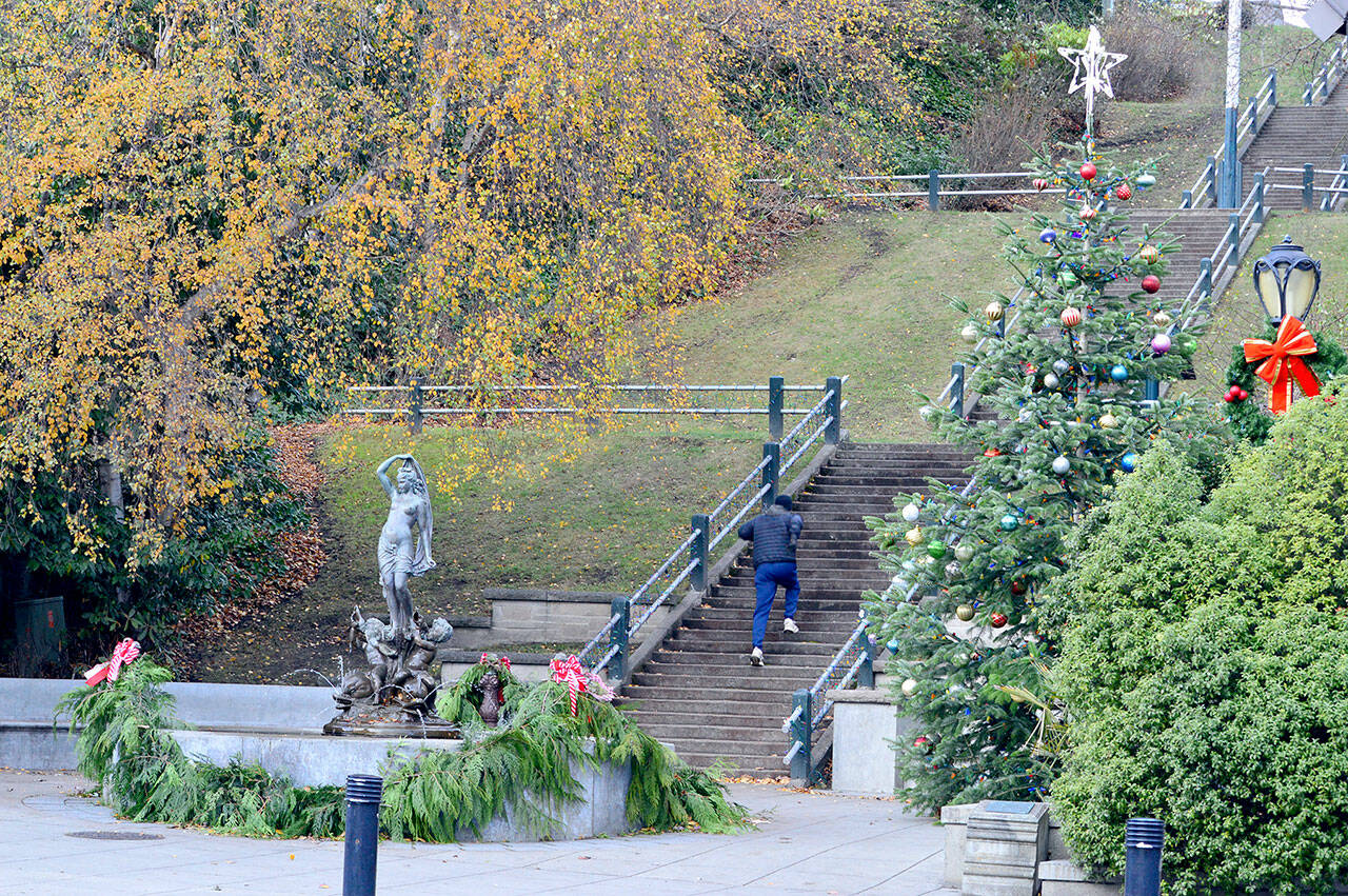 A runner starts his ascent Friday on the Taylor Street stairs in downtown Port Townsend, where the city’s Christmas tree stands ready for lighting at about 4:30 p.m. Saturday. (Diane Urbani de la Paz/for Peninsula Daily News)