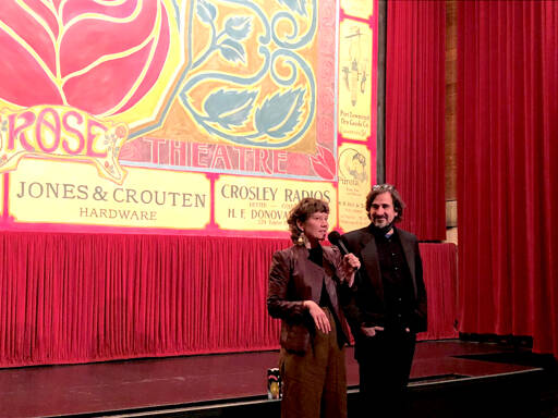 George Marie and Michael D’Alessandro of Port Townsend were introduced Sunday as the new owners of the Rose Theatre. (Diane Urbani de la Paz/for Peninsula Daily News)