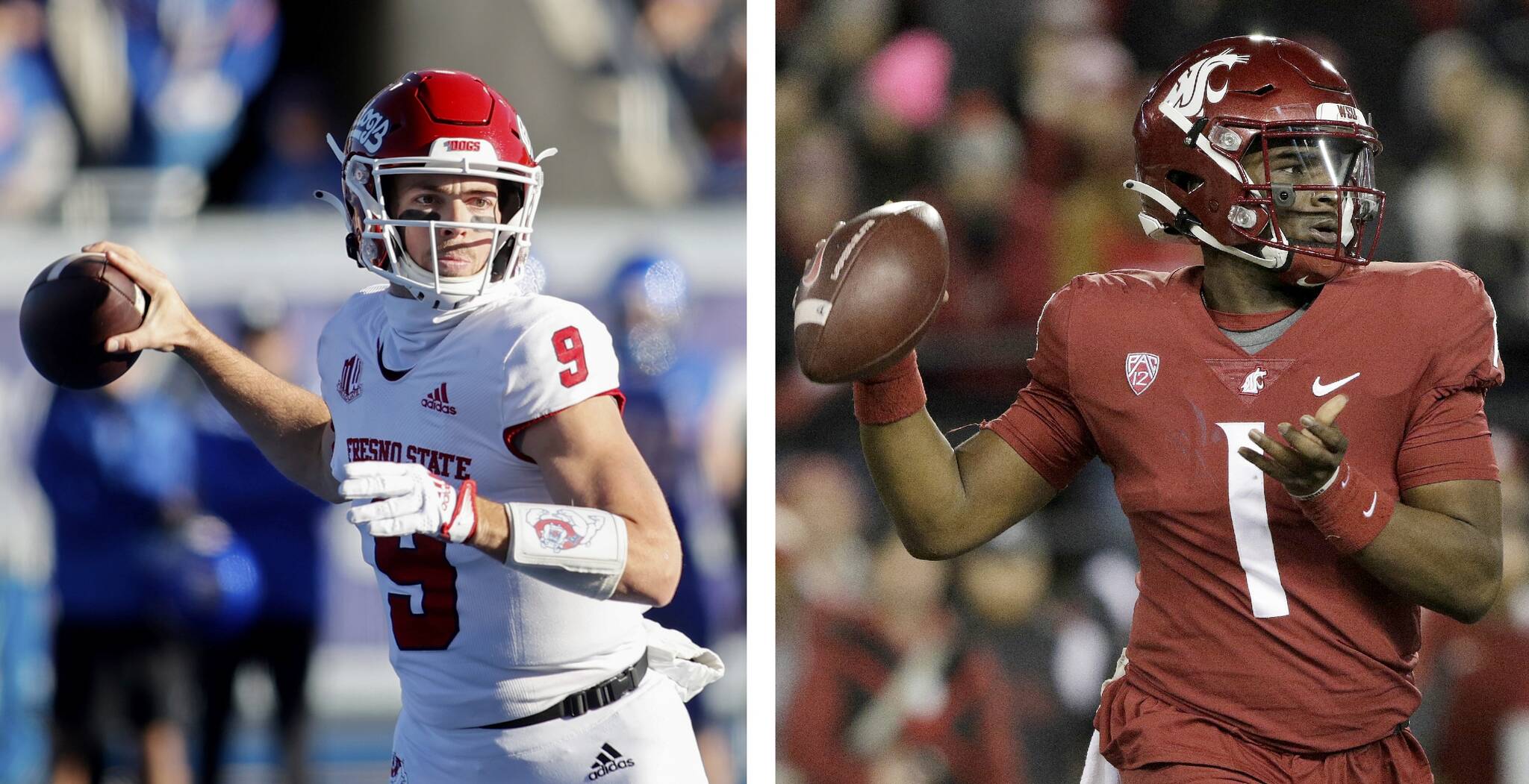 At left, Fresno State quarterback Jake Haener, a former Husky, will face off against Washington State quarterback Cam Ward in the Jimmy Kimmel Bowl on Dec. 17 in Los Angeles. (The Associated Press)