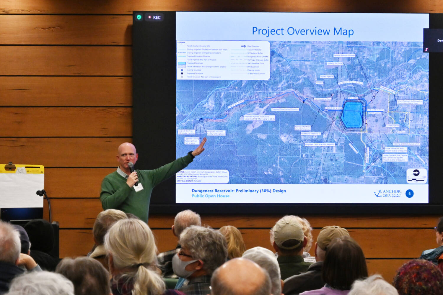 Michael Dashiell/Olympic Peninsula News Group
Dave Rice, a principal water resources engineer with Anchor QEA — the lead engineering company for the Dungeness Off-Channel Reservoir project — gives an overview of the project to the audience at an open house at the Dungeness River Nature Center.