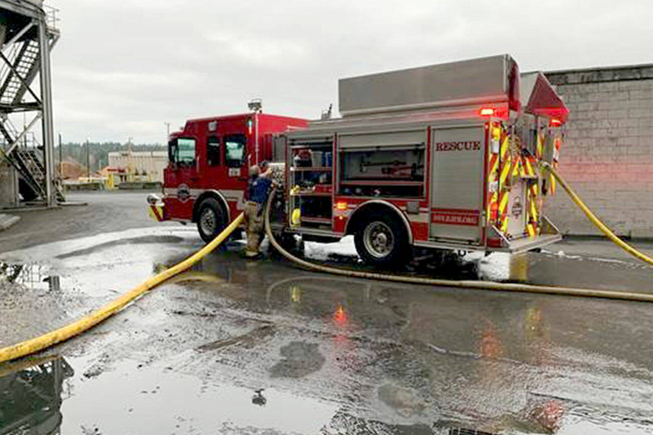 East Jefferson Fire Rescue and Port Ludlow Fire & Rescue firefighters fought a fire at the Port Townsend Paper Mill on Tuesday. (East Jefferson Fire Rescue)