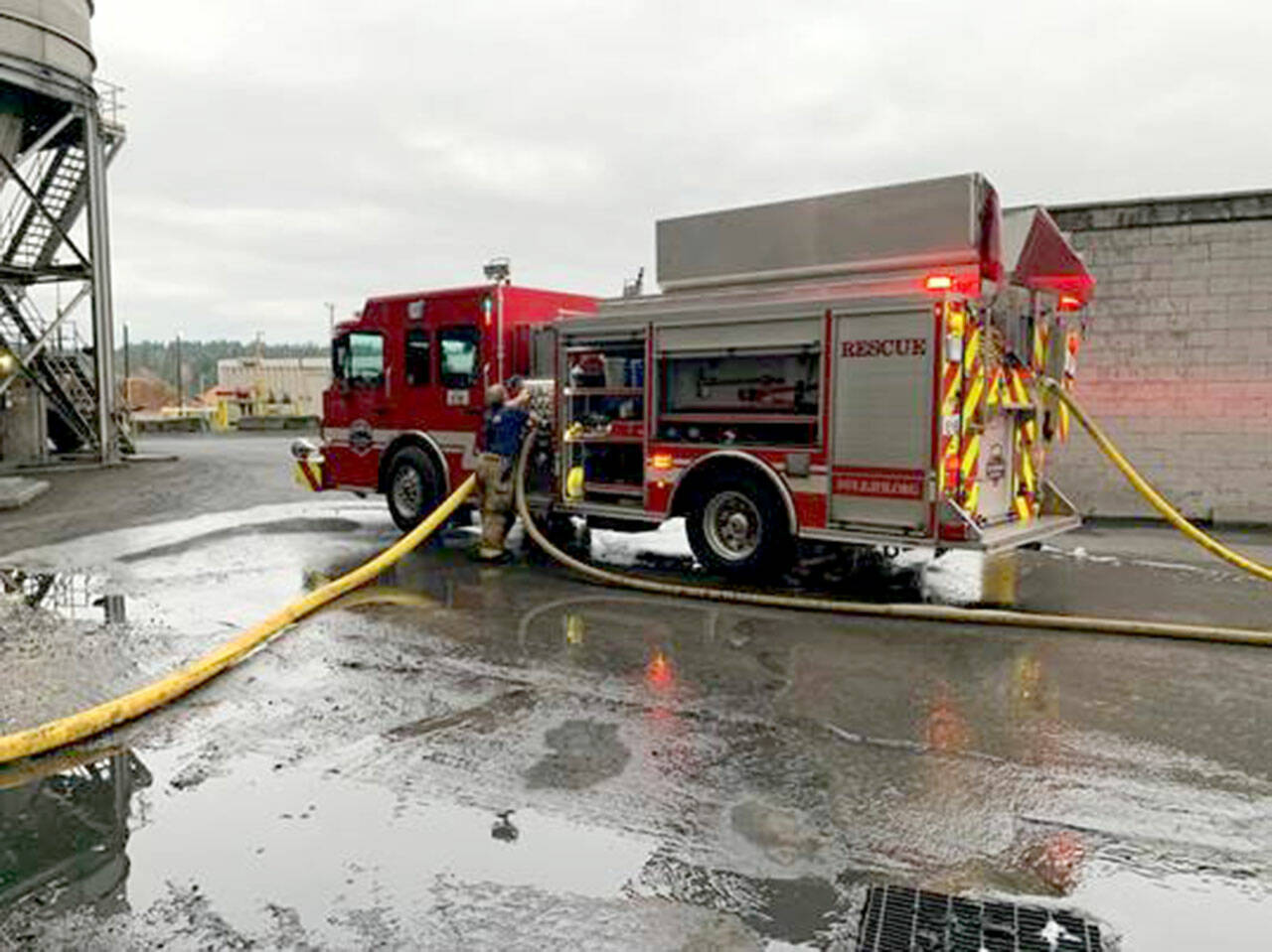 East Jefferson Fire Rescue and Port Ludlow Fire & Rescue firefighters fought a fire at the Port Townsend Paper Mill on Tuesday. (East Jefferson Fire Rescue)