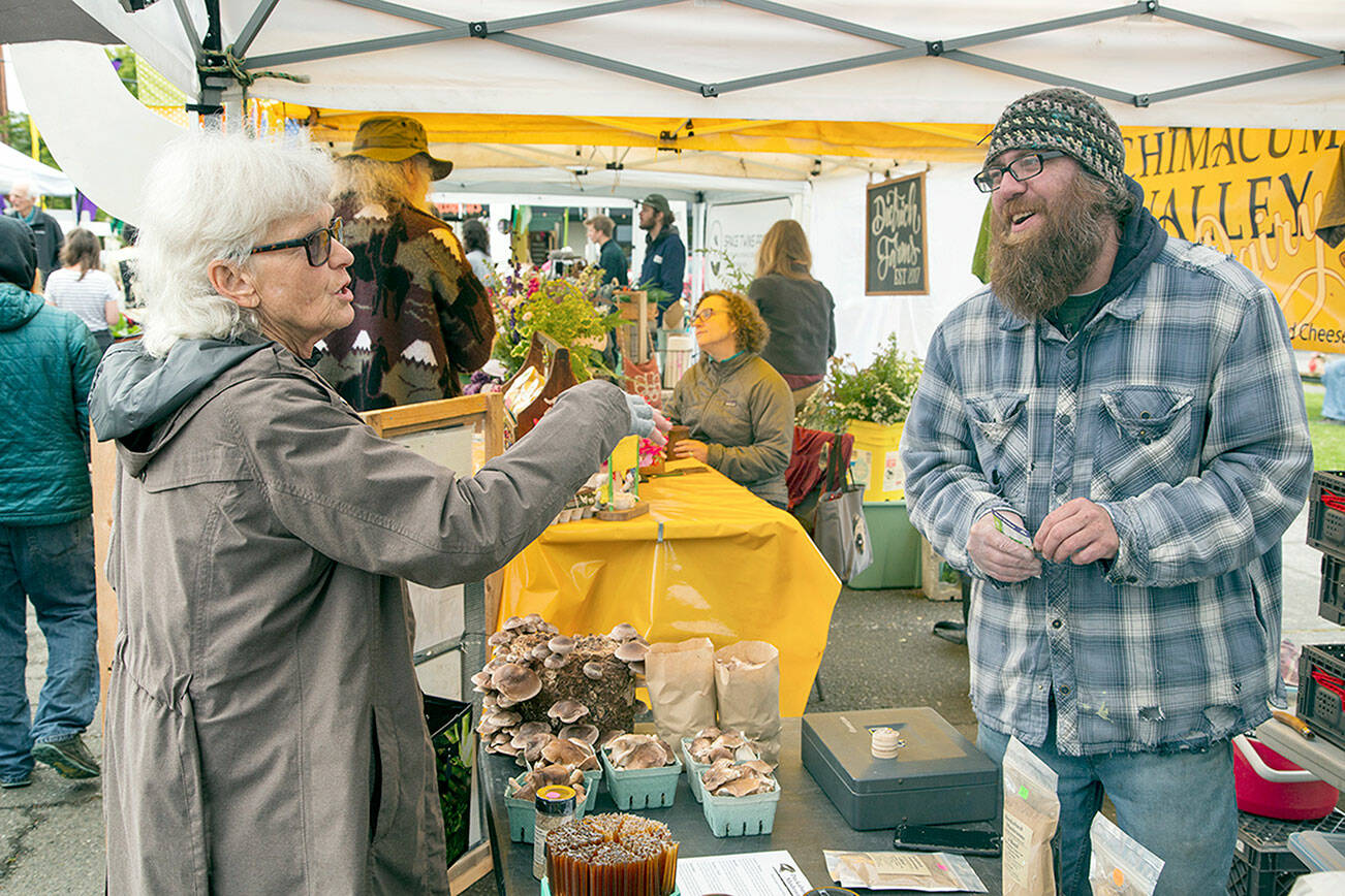 Rose Harris shops with Jason Maloney of Duckabush Mushrooms at a recent Port Townsend Farmers Market. (Andrew Wiese)