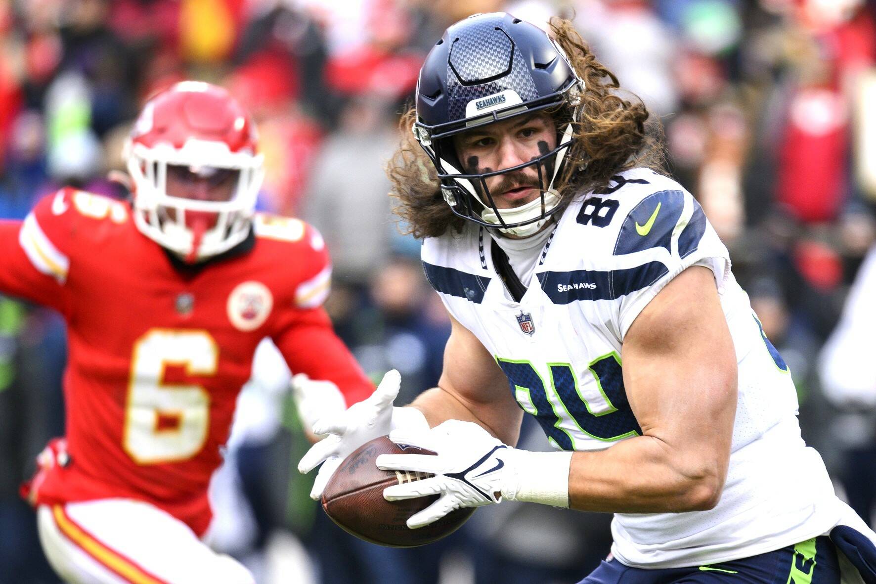 Seattle Seahawks tight end Colby Parkinson (84) makes a catch for a first down against the Kansas City Chiefs on  Saturday in Kansas City, Mo. Kansas City won the game 24-10. (Reed Hoffmann/The Associated Press)
