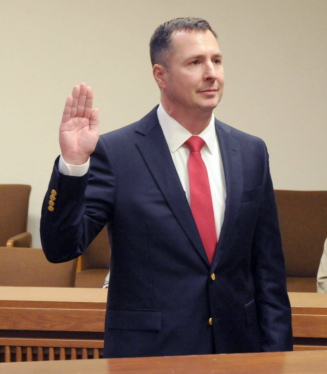 Clallam County Prosecuting Attorney Mark Nichols is sworn in on Wednesday after being reelected to the office. (Keith Thorpe/Peninsula Daily News)