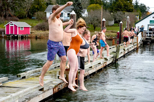 From left, Kevin Frary and Katie Oman of Marrowstone Island and Casey Frary of Washington, D.C., jump as a family into Mystery Bay to take part in the annual Polar Bear Plunge at the Nordland General Store on Sunday. About 50 people took part in the event. (Steve Mullensky/for Peninsula Daily News)