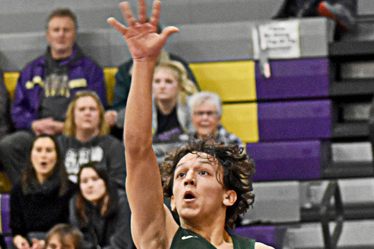 Nicholas Zeller-Singh/North Kitsap Herald
Port Angeles' Kason Albaugh puts up a floater during the Roughriders' 64-56 loss to the Vikings on the road Tuesday night.