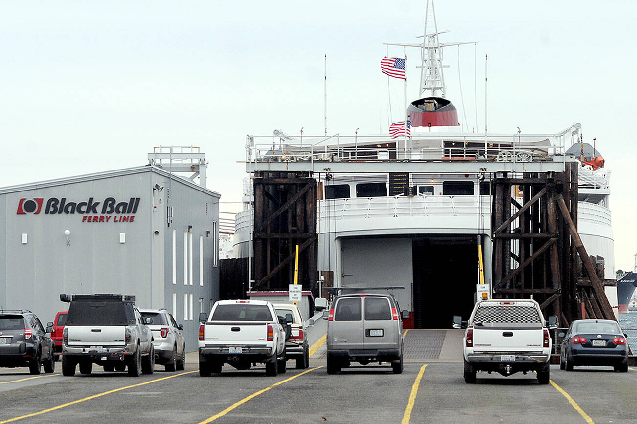 The ferry MV Coho sits in Port Angeles on Wednesday during its annual hiatus from service for maintenance. (Keith Thorpe/Peninsula Daily News)