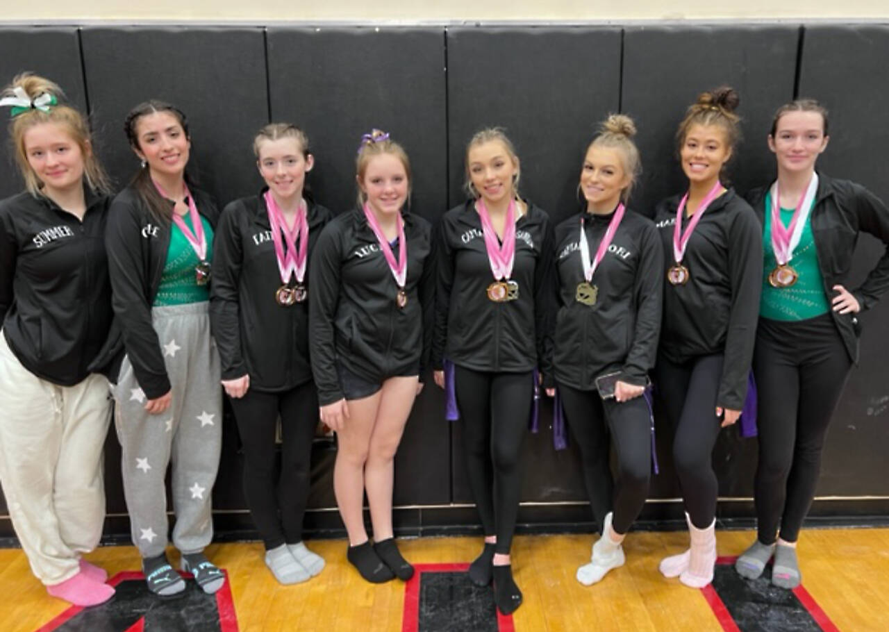 Courtesy photo
The Port Angeles/Sequim gymnastics team. From left, Summer Hirst-Lowe, Chloe Notari, Faith Carr, Lucy Spelker, Susannah Sharp, Kori Miller, Amara Brown and Maddie Adams.