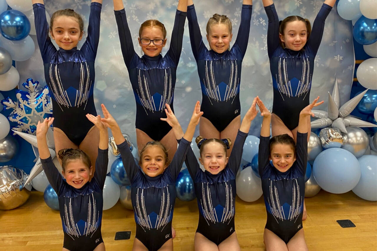 Courtesy of Klahhane Gymnastics
The Klahhane Gymnastics Bronze Team. From left, front, are Charlotte Nevill, CarlyMae Riggs, Mckinlee Thomason and Paytynn Lindley. From left, rear, are Raeleigh Thomason, Harper Waterkotte, Morgan Smith and Lainey DePiro.