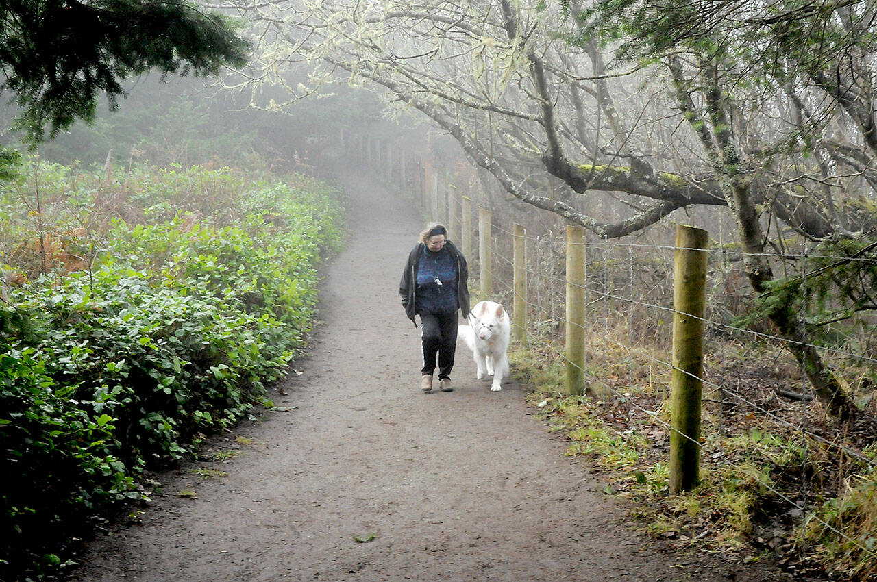 Geri Smith of Sequim, along with her white German shepherd, Polar Bear, take a walk on a fog-shrouded trail along the bluff at the Dungeness Recreation Area on Saturday northwest of Sequim. The pair took advantage of a break in the recent stretch of showery weather that is forecast to continue this week over much of the North Olympic Peninsula. (Keith Thorpe/Peninsula Daily News)