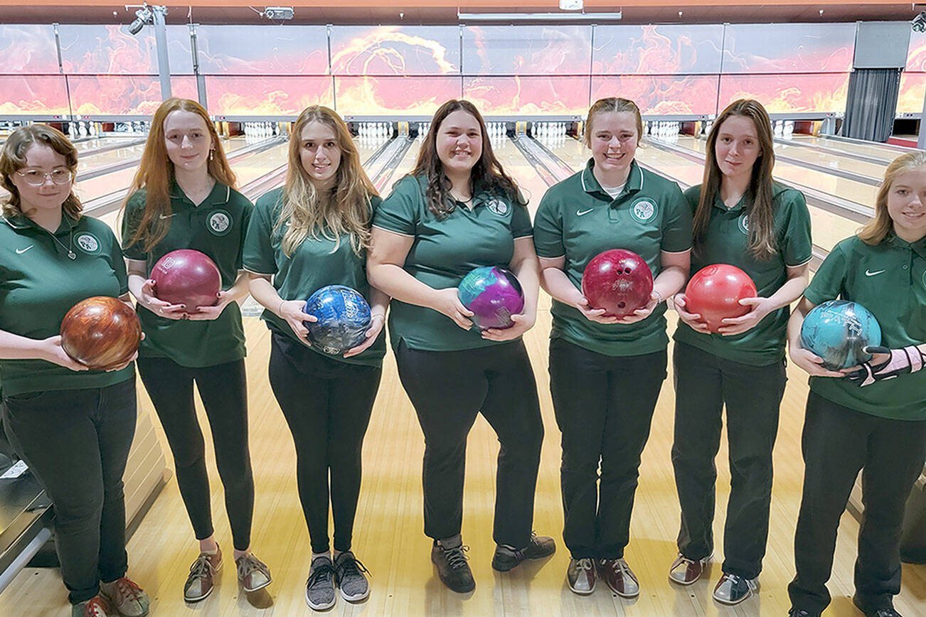 The first-year Port Angeles bowling team picked up a second-place finish at the Olympic League Tournament on Thursday at All-Star Lanes in Silverdale. Team members from left, Sophie Constant, Kenadie Ring, Paige Pangaro, Abby Robinson, Taylor Worthington, Natalie Robinson and Zoey Van Gordon. The Roughriders will bowl in the West Central District Tournament next Saturday at Tacoma's Paradise Lanes.