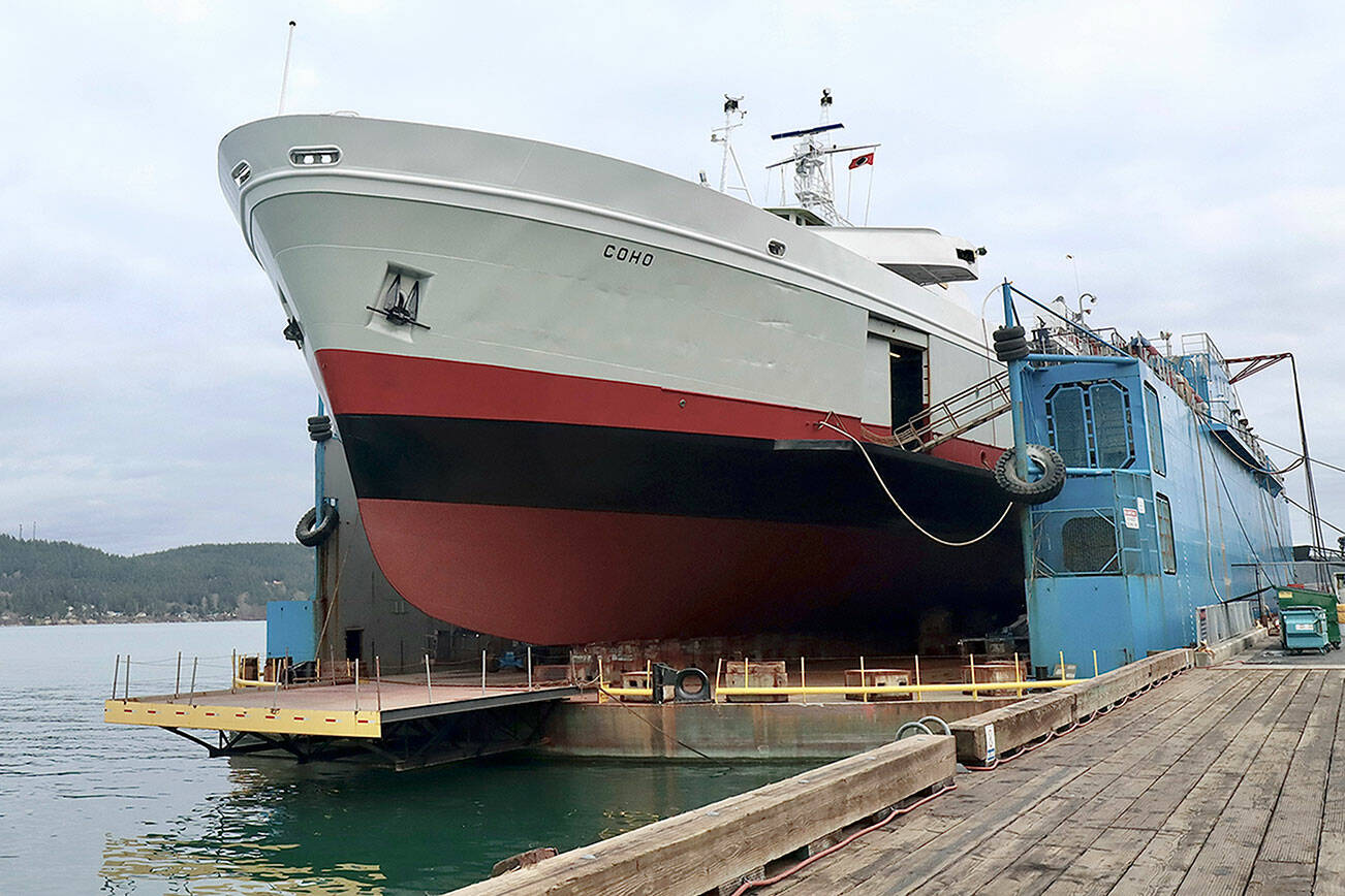 The MV Coho, pictured in dry dock at the Anacortes Ship Yards, will be back in service Thursday. Yearly maintenance began Jan. 3. The maintenance is taking a few days longer due to COVID-19 the past two years, Black Ball Ferry Line officials have said. The ship returns to twice-daily round trips across the Strait of Juan de Fuca between Victoria and Port Angeles at 8:20 a.m. Thursday. (Dave Logan/for Peninsula Daily News)