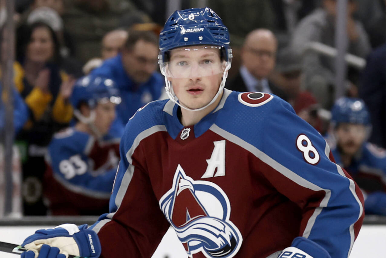 Colorado Avalanche's Cale Makar during the third period of an NHL hockey game against the Boston Bruins Saturday, Dec. 3, 2022, in Boston. (AP Photo/Winslow Townson)