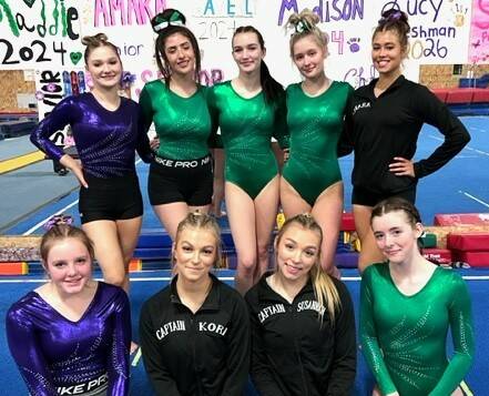 The Port Angeles and Sequim gymnastics team at its final home meet last from. From left, rear, are Madisyn Ripley, Chloe Notari, Maddie Adams, Summer Hirst-Lowe and Amara Brown. From left, front, are Lucy Spelker, Kori Miller, Susannah Sharp and Faith Carr. (Port Angeles/Sequim gymnastics)