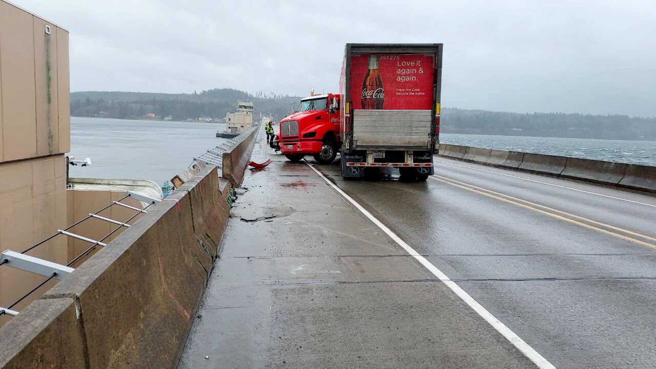 A semi jackknifed on the Hood Canal Bridge, possibly due to high winds. Collision is still under investigation. (Washington State Patrol)