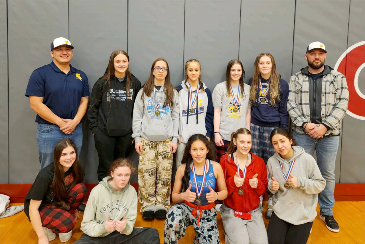 The Forks girls wrestling team celebrates its third-place finish at the District 4 Subregional meeting. (Courtesy of Forks wrestling)
The Forks girls wrestling team celebrates its third-place finish at the District 4 Subregional meeting. (Courtesy of Forks wrestling)