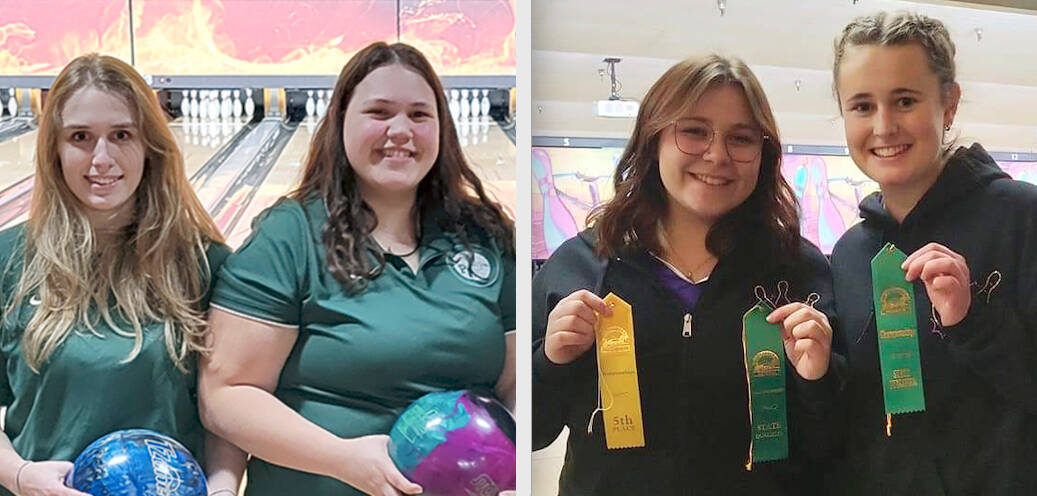 From left, Paige Pangaro and Abby Robinson from Port Angeles, and Morgan Kayser and Nikoline Updike from Sequim competed in the state 1A/2A bowling tournament this weekend.