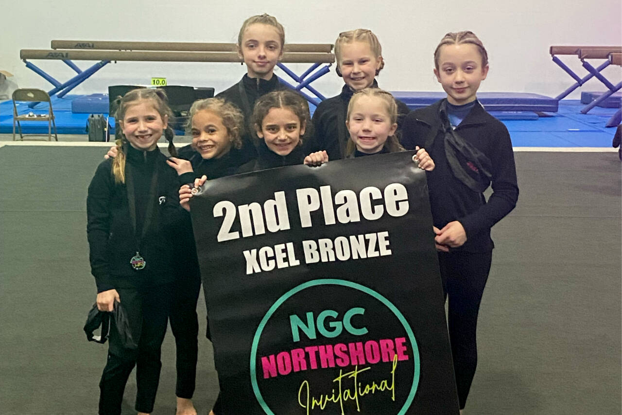 Courtesy of Klahhane Gymnastics 
The Klahhane Bronze Team finished second at the Northshore Invitational this weekend. From left, front are Charlotte Neville, CarlyMae Riggs, Paytynn Lindley and McKinlee Thomason. From left, rear, are Lainey DePiro, Morgan Smith and Raeleigh Thomason. Missing due to illness is Harper Watterkotte.