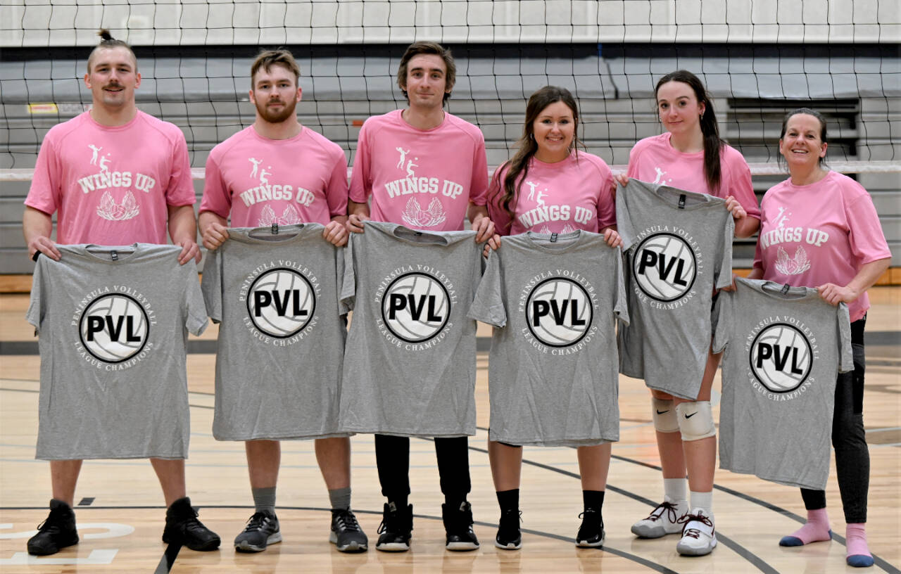Wings Up of Sequim won the Peninsula College volleyball championship last week. From left are Cody Cowan, Ben Cowan, Jared Fodge, Brittney Gale, Tayler Breckenridge and Dena Breckenridge. (Rick Ross)