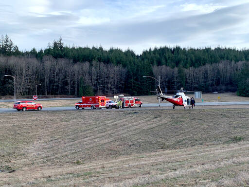 A 75-year-old man was airlifted with non-life-threatening injuries to Harborview Medical Center in Seattle following a collision on Monday. State Highway 104 and U.S. Highway 101 were closed for the airlift. (Washington State Patrol)