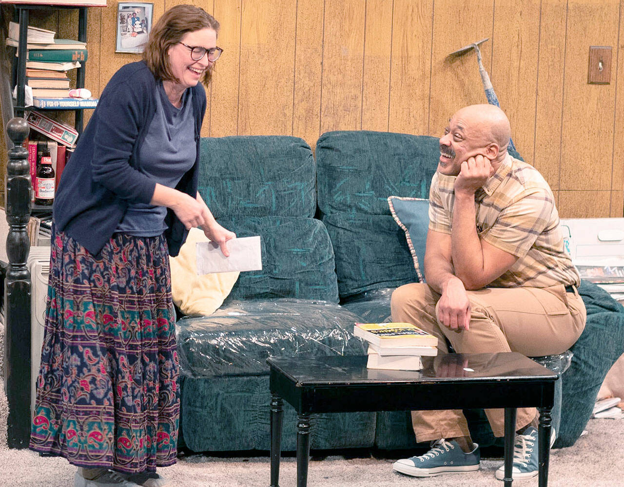 Maude Eisele (Mabel) and Brace Evans (Todd) become acquainted in an awkward matchmaking scene in “The People Downstairs” at Key City Public Theatre.