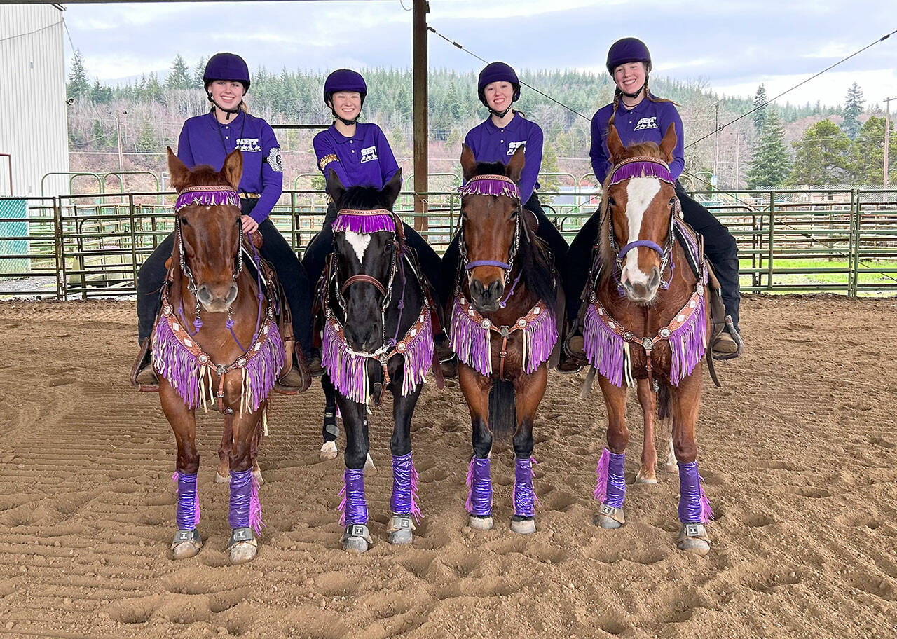 Congratulations to Sequim’s high school equestrian team members Libby Swanberg, left, Sydney Hutton , Katelynn Sharp and Paige Reed for taking first place in Drill freestyle 4’s first place at WAHSET District 4’s January competition!