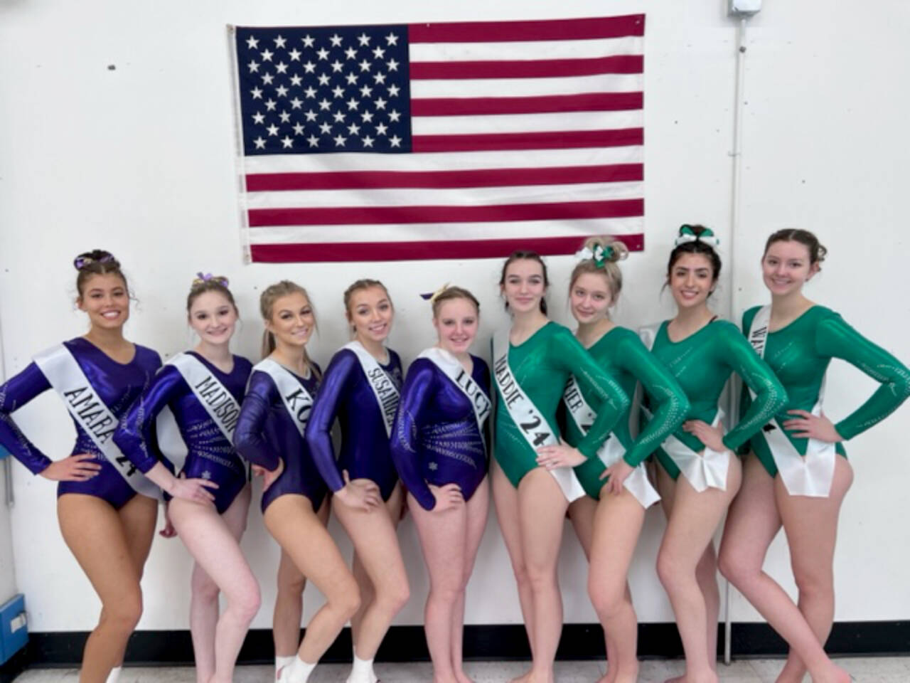 The Sequim/Port Angeles gymnastics team at subdistricts last weekend in Puyallup. From left, Sequim's Amara Brown,Madison Ripley, Kori Miller, Susannah Sharp and Lucy Spelker; Port Angeles' Maddie Adams, Summer Horst-Lowe, Chloe Notari and Waverly Mead. (Courtesy of Port Angeles/Sequim gymnastics)