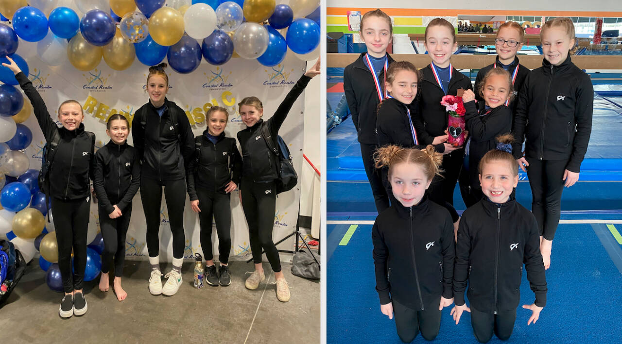 (Left) The Klahhane Gymnastics Gold team. From left, Elyse Brown, Harper Hilliker, Dalyen Williams, Raynee Ciarlo and Graycelyn Goss. (Right) The Klahhane Bronze gymnastics team. From left, front, Makinlee Thomason and Charlotte Nevill. From left, middle, Paytynn Lindley and Carley Mae Riggs. From left, rear, Lainey DiPiro, Raeleigh Thomason, Harper Waterkotte and Morgan Smith. (Courtesy photo)