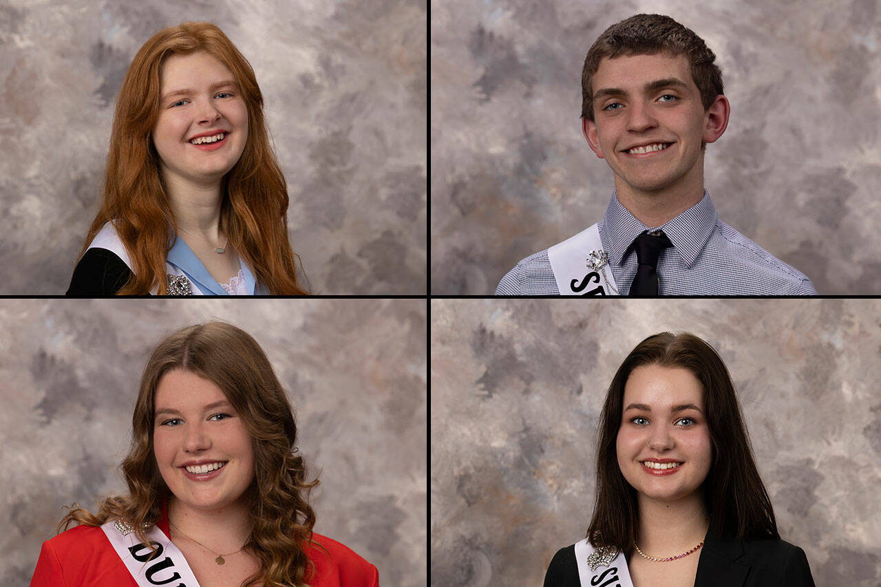 Photos by Keith Ross/Keith’s Frame of Mind/ Candidates for the Sequim Irrigation Festival royalty in 2023 at the Feb. 25 scholarship pageant in Sequim High School Auditorium, include, clockwise, from top left, Anne Marie Barni, Fred Cameron, Pepper Reymond, and Paige “Skylar” Kryzworz.
Candidates for the Sequim Irrigation Festival royalty in 2023 at the Feb. 25 scholarship pageant in Sequim High School Auditorium, include, clockwise, from top left, Anne Marie Barni, Fred Cameron, Pepper Reymond and Paige “Skylar” Kryzworz. (Photos by Keith Ross/Keith’s Frame of Mind)