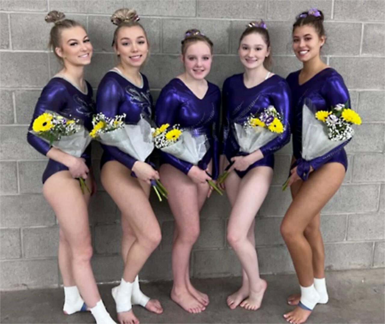 Sequim gymnasts, from left, Kori Miller, Susannah Sharp, Lucy Spelker, Madison Ripley and Amara Brown. Miller, Sharp and Spelker will be competing at the state gymnastics meet that begins Thursday. (Courtesy photo)