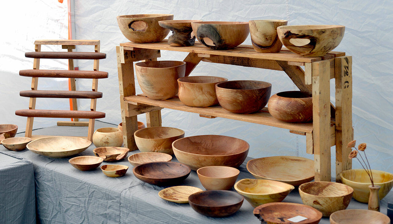 Work by Jennifer and Davis Stevenson, such as these bowls and rolling pins, are on display at Harbor Art Gallery.