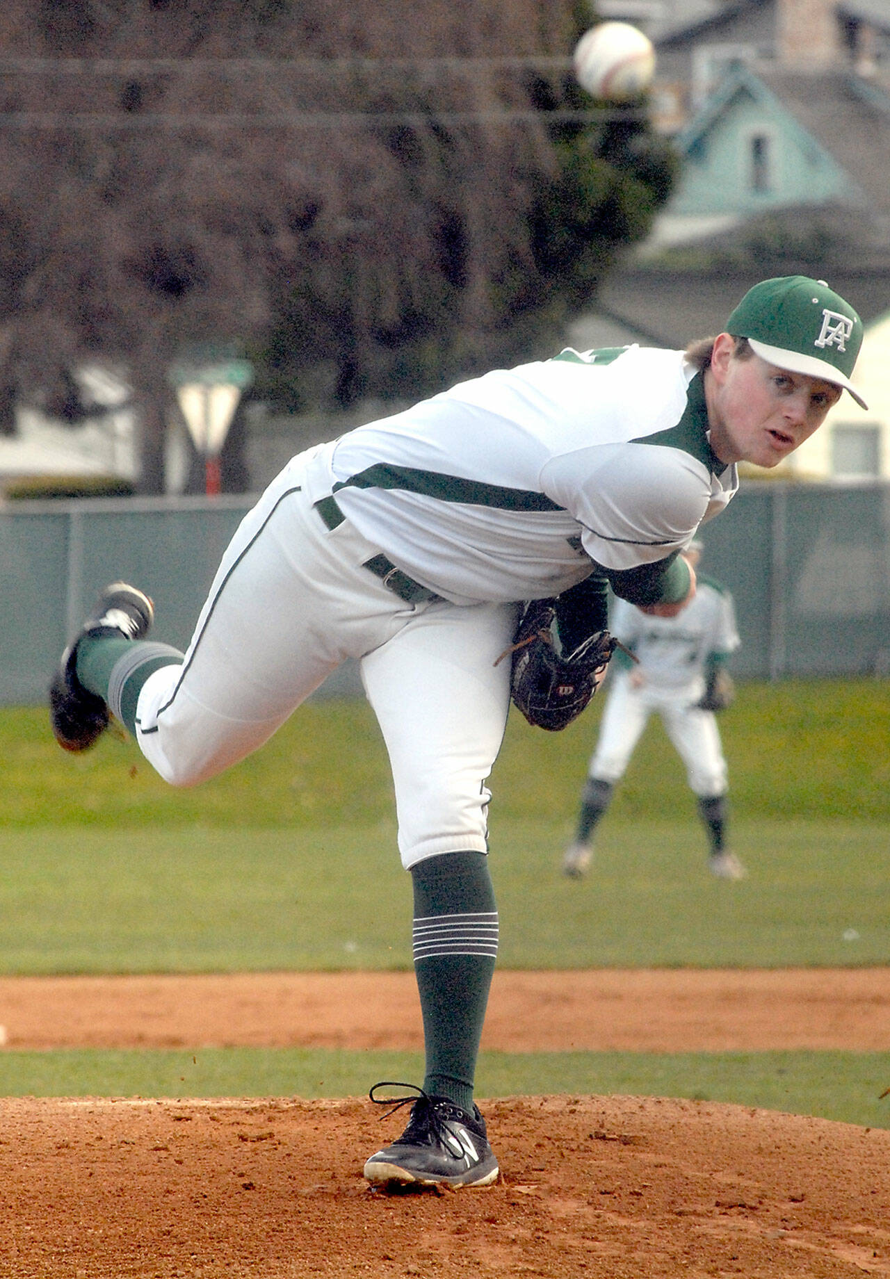 Port Angeles pitcher Elijah Flodstrom throws in the first inning against Bremerton on Tuesday at Port Angeles Civic Field. Flodstrom started the game and was part of a staff no-hitter in a 10-0 win. (Keith Thorpe/Peninsula Daily News)