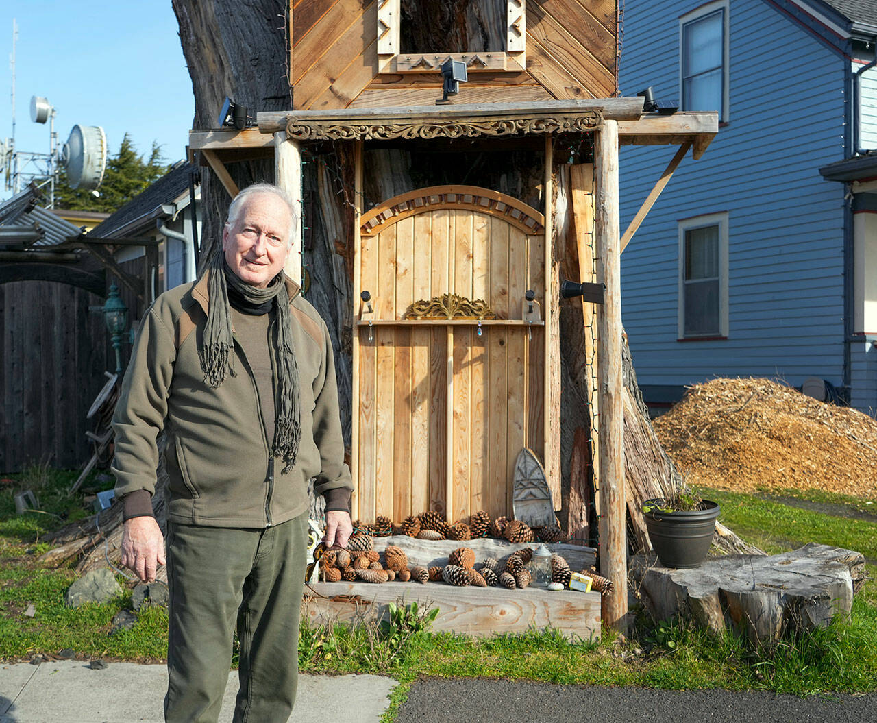 Port Townsend Uptown resident Kevin Mason stands in the Friday morning sunlight beside his art structure known as “Raccoon Lodge,” a non-inhabitable facade constructed on the side of a 160 year old Monterey Cypress tree that cracked and broke onto the street a few years ago. Mason is involved in discussions with the city over a public right of way issue because the base of the sculpture is within a few inches of the public sidewalk. (Steve Mullensky/for Peninsula Daily News)