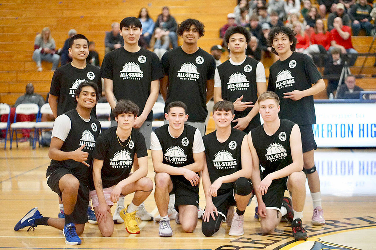 Sequim's Vince Carrizosa, bottom row second from left, and Isaiah Moore, back row, second from left, were part of the winning Cascade team at the 21st annual West Sound Senior High School All-Star Basketball contest earlier this week at Bremerton High School.
