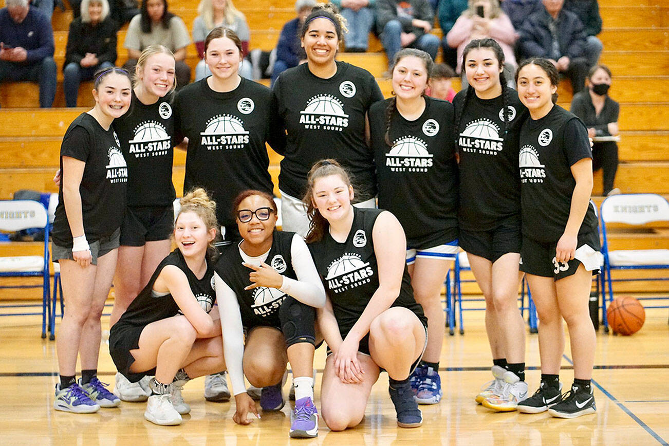 Back row from left, Sequim's Hannah Bates, Port Angeles' Anna Petty and Sequim's Jelissa Julmist, back row, fourth from left, played on the Cascade team at the 21st annual West Sound Senior High School All-Star Basketball contest earlier this week at Bremerton High School.