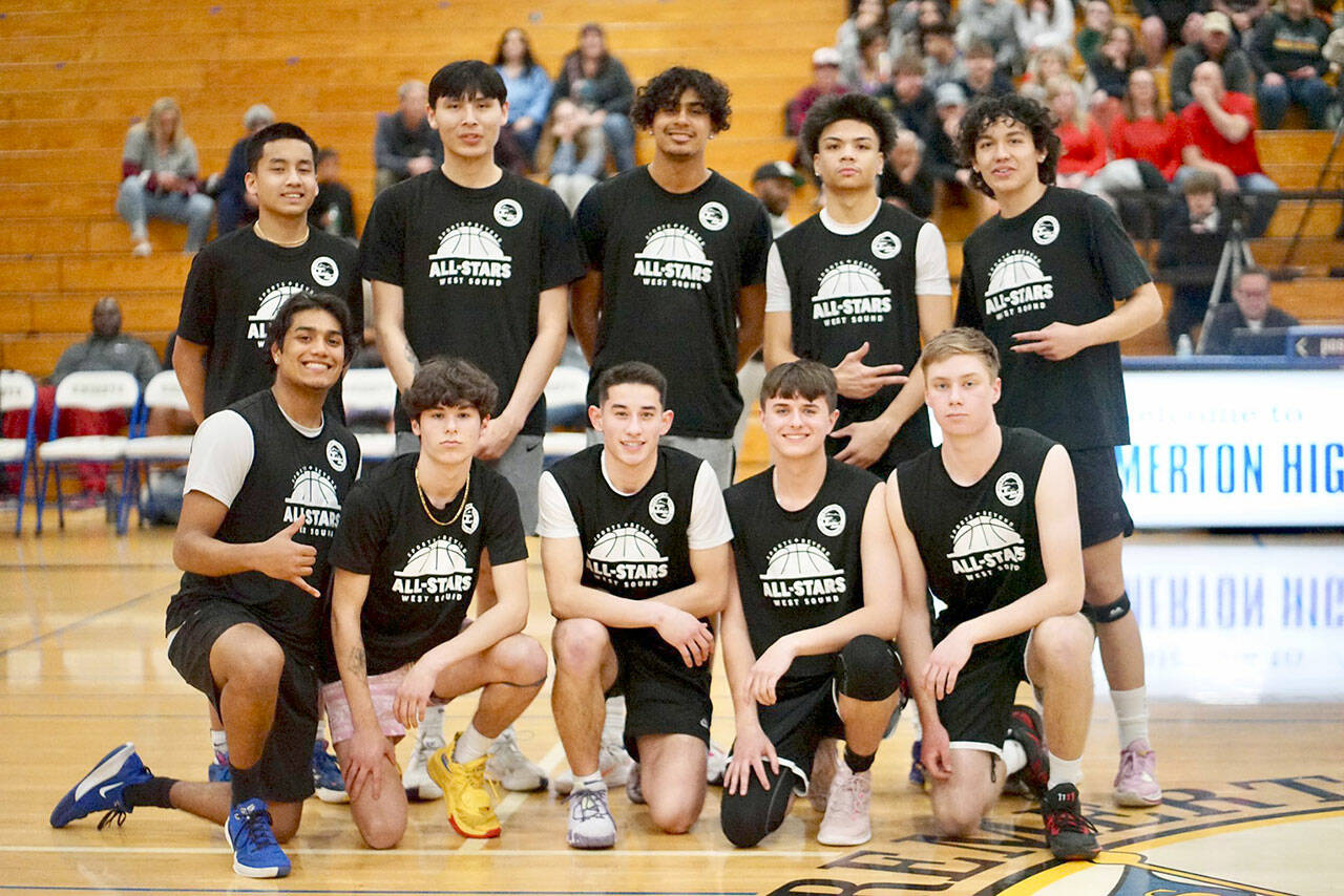 Sequim’s Vince Carrizosa, bottom row second from left, and Isaiah Moore, back row, second from left, were part of the winning Cascade team at the 21st annual West Sound Senior High School All-Star Basketball contest earlier this week at Bremerton High School.