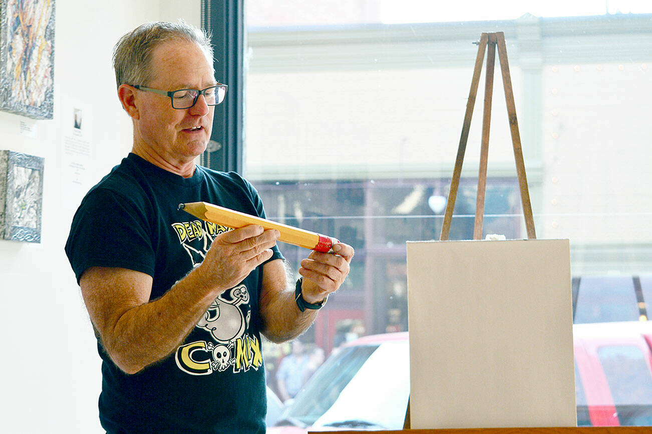 Dana Sullivan of Port Townsend uses humor and a large pencil in his classes for youngsters and adults at the Northwind Art School. His offerings are among more than 100 courses and camps in the Spring-Summer Catalog launched last week at https://northwindart.org. Photo courtesy of Northwind Art