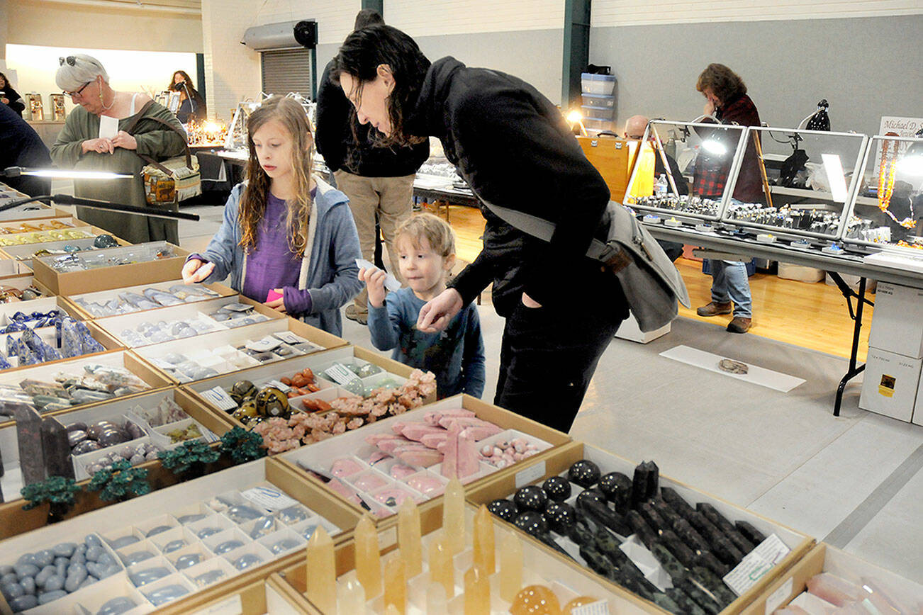 Christine Rose of Port Angeles and her children, Eliabeth Poindexter, 8, and Rowan Poindexter, 4, examine a display of rocks and crystals at the Clallam County Gem & Mineral Association’s Rock, Gem & Jewelry Show on Saturday at Vern Burton Community Center in Port Angeles. The two-day event showcased a wide variety of exhibits and vendors offering crystals, minerals, rocks and gemstones from around the world. (Keith Thorpe/Peninsula Daily News)