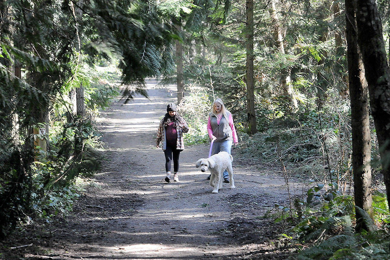 Mishel Caizapanta of Port Angeles, left, and Teresa Moulton of Sequim, along with her dog, Nollie, walk along a main trail at the newly reopened Robin Hill Farm County Park west of Sequim. The park, which was closed for most of the winter in the wake of a severe November storm that brought down dozens of trees and left many trails in dangerous condition, is now open to visitors with advisories that many trails are still in need of repair. (Keith Thorpe/Peninsula Daily News)
