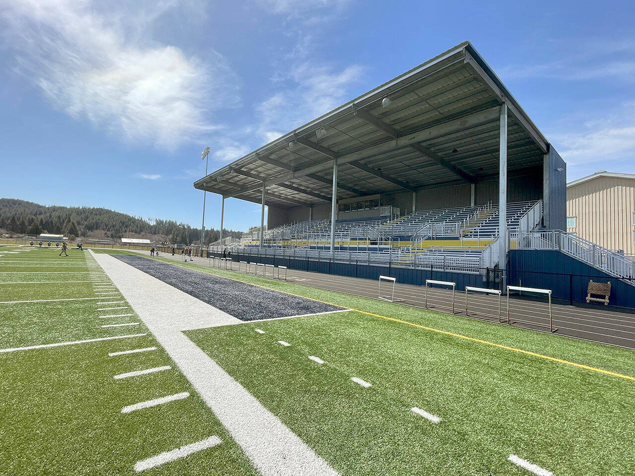 Phase I work on Spartan Stadium is nearing completion in anticipation of the ribbon cutting on April 14. The $2.5 million complex had been scheduled to open in October, but supply chain problems, poor weather and materials delivery delayed construction. (Paula Hunt/Peninsula Daily News)