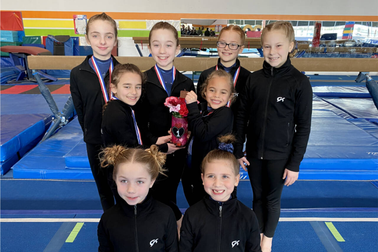 Courtesy photo
The Klahhane Bronze gymnastics team finished eighth out of 51 teams at the Washington Xcel State Championships this weekend. In the front row are, from left, Makinlee Thomason and Charlotte Neville. Center row is Paytynn Lindley and Carly Mae Riggs and back row is Raeleigh Thomason, Lainey DePiro, Harper Waterkotte and Morgan Smith.